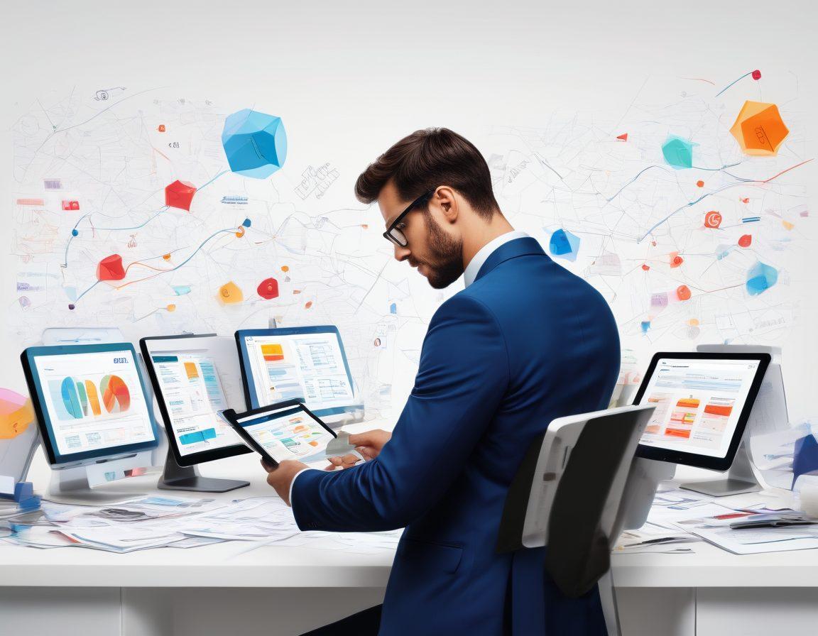 A split-screen illustration showing a confident expert navigating a complex insurance marketplace filled with diverse policy options. One side features an array of documents with risk management symbols like shields and graphs, while the other highlights a digital tablet displaying easy-to-understand insights. The overall scene should evoke a sense of guidance and clarity amidst chaos. Painting style. vibrant colors. clean white background.