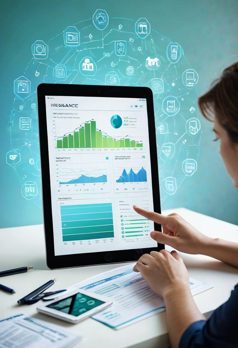 An engaging visual representation of a person comparing different insurance premiums on a tablet, with floating icons of claims assistance and financial security symbols around them. The background features a calm, trustworthy atmosphere with soothing colors, such as blues and greens. Include hints of charts and graphs to symbolize financial insights. super-realistic. vibrant colors. white background.