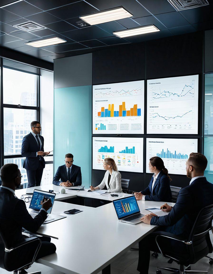 A diverse group of professionals in a modern office brainstorming over insurance plans and risk management visual aids. Include charts, graphs, and digital screens representing analytics, with one person presenting insights. The scene should convey collaboration and expertise, with a focus on clarity and organization. Bright, professional colors enhance the atmosphere. super-realistic. vibrant colors. modern office style.